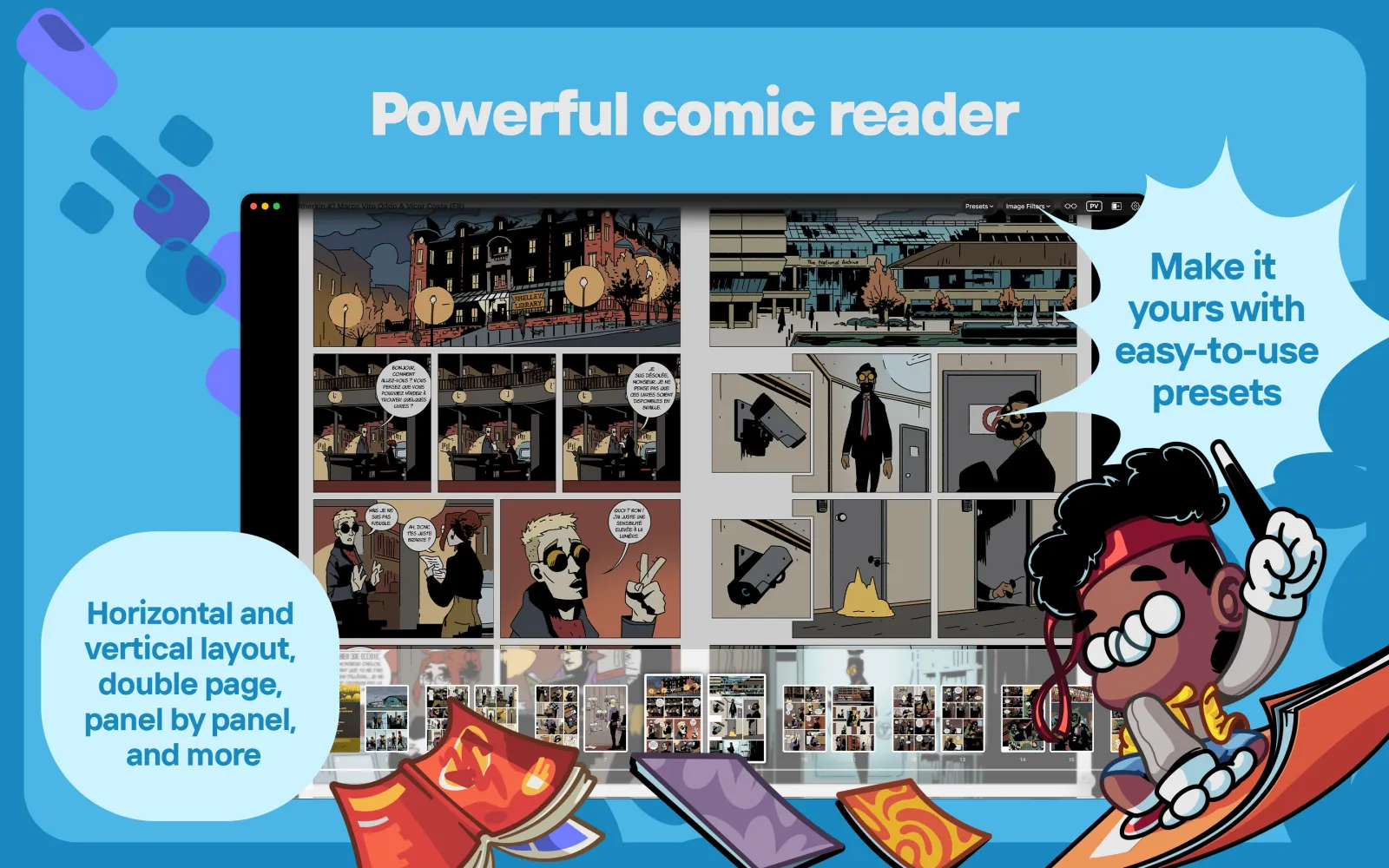 Panels comic reader on Mac with double page and panel by panel modes