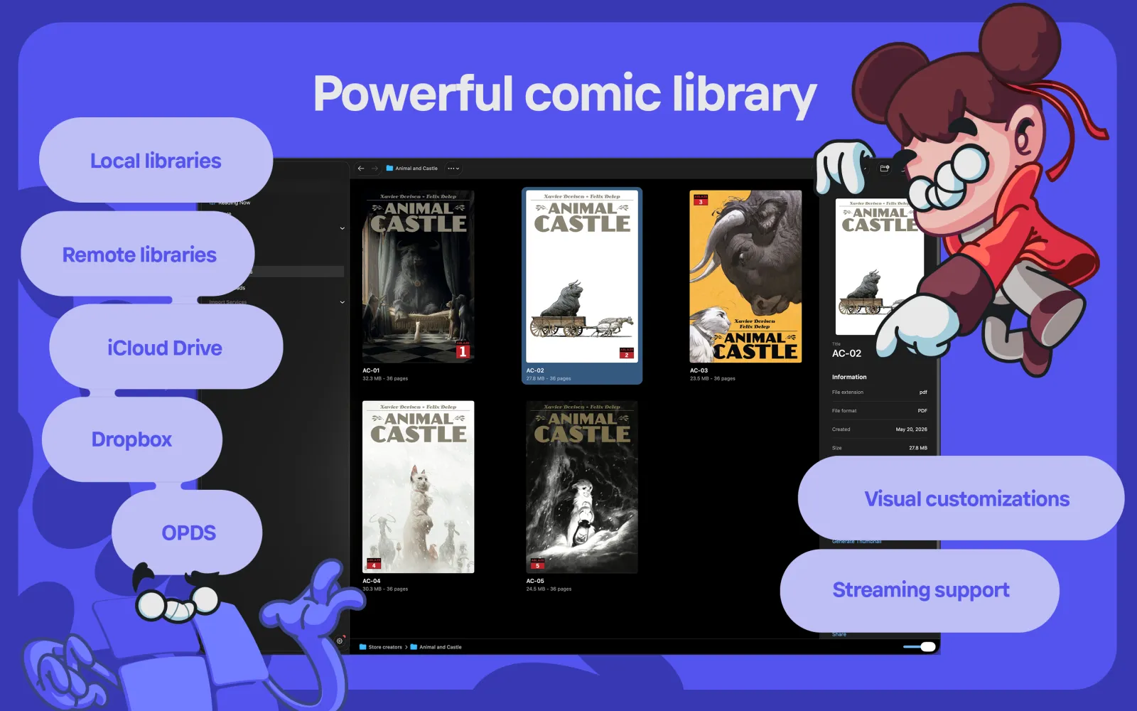 Local, iCloud Drive, Dropbox and OPDS libraries in Panels for Mac